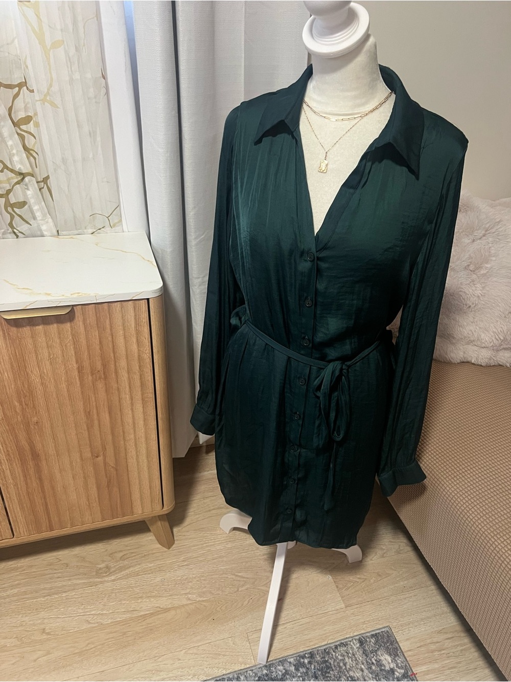 Dark Green Button-Up Shirt Dress with Waist Tie